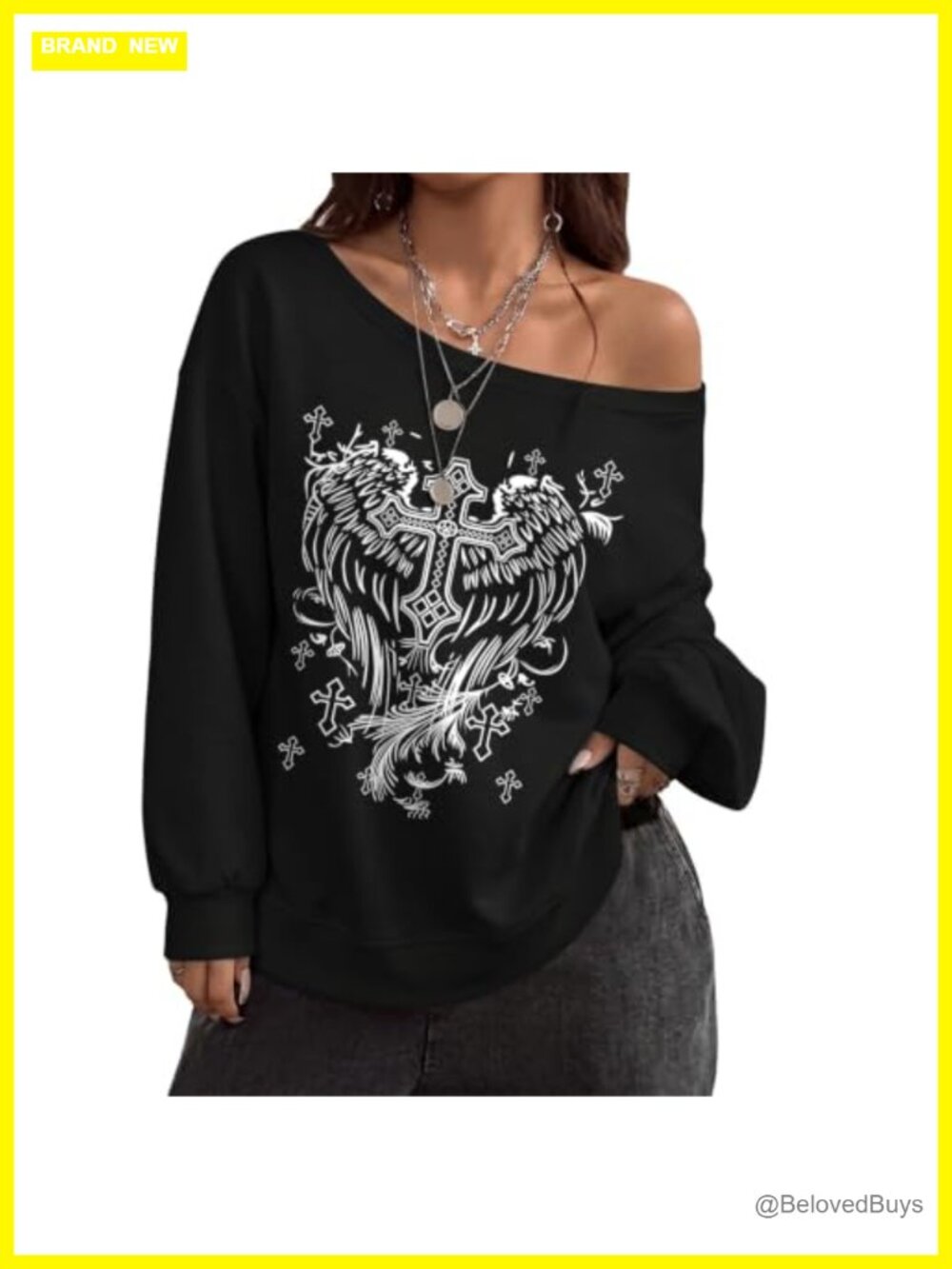 Y2K Goth Off Shoulder Graphic Tee Long Sleeve Grunge Emo Shirt